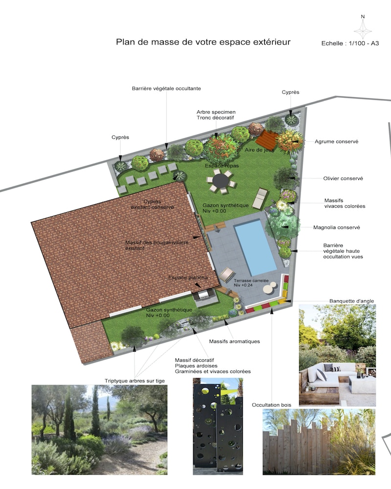 Plan de masse rénovation jardin avec Piscine